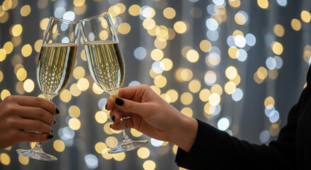 A Champagne Toast with a beautiful Bokeh Background. A concept of celebration, parties, New Year's, and festive events.