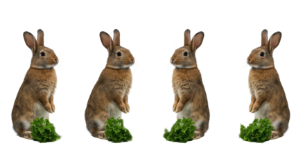 Four meticulously groomed brown rabbits standing upright, alert, with green parsley sprigs, on seamless gray studio background, commercial product concept