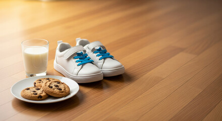 Waiting for the Three Kings: A conceptual image of the Reyes Magos tradition with shoes, milk, and cookies.