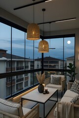 Modern Living Room Interior with Large Window and Wooden Floor