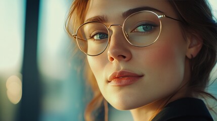 A young woman with red hair and glasses gazes off into the distance.