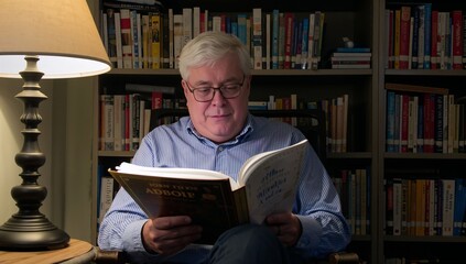 Elderly Man Reading a Book in a Cozy Library Setting With Warm Lighting