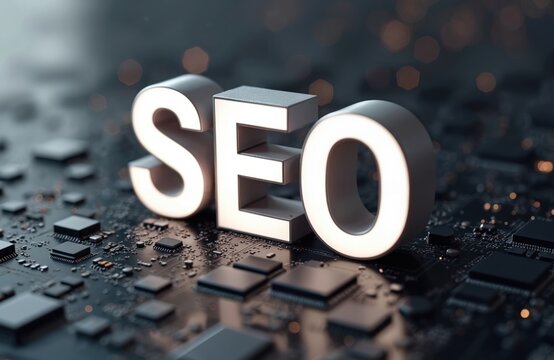 3D white letters SEO glow brightly on dark electronic circuit board with microchips. Modern image digital tech for web ranking. Shows importance of online business presence, search optimization for