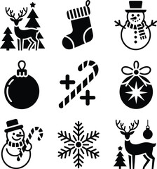 Naklejka premium Christmas, holiday, festive, icons, reindeer, tree, stocking, snowman, ornament, candy, cane, snowflake, winter, illustration, vector, design, cartoon, symbol, celebration