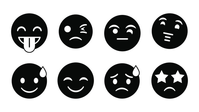 Collection of various emoji faces expressing diverse feelings in solid black color great for designs
