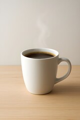 Minimalist White Ceramic Coffee Mug with Steam on Wooden Table and Soft Natural Lighting
