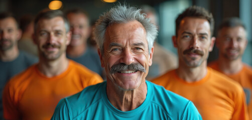 Happy senior man with grey hair, mustache at fitness class. Group of men smile after team workout. Charity event raises awareness for male physical mental health. Guys stand together looking at