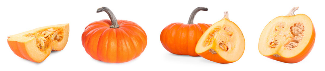 Fresh ripe pumpkins isolated on white, set. Whole and cut
