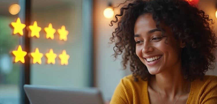 Woman smiles reading tablet reviews. Stars glow in background symbolizing excellent rating. She researches hotels or apartments online happy with findings. Positive customer feedback.