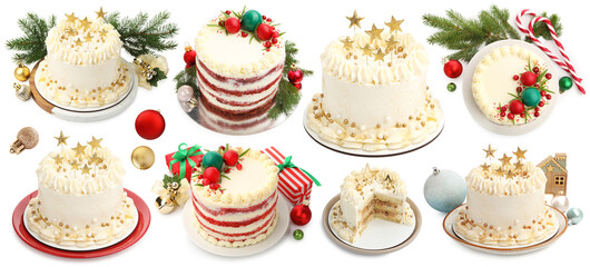 Delicious cakes with Christmas decor isolated on white, set