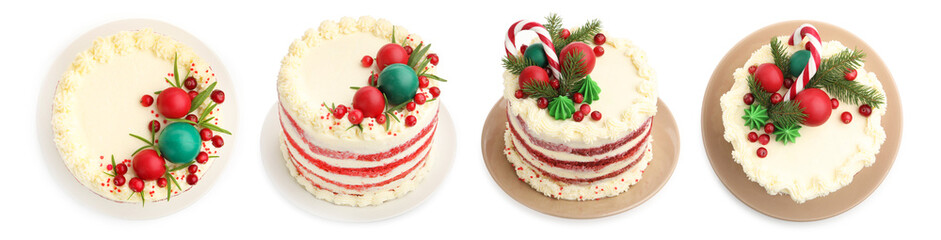 Delicious cakes with Christmas decor isolated on white, set. Top and side view