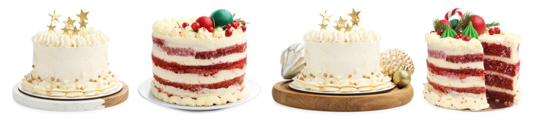 Delicious cakes with Christmas decor isolated on white, set