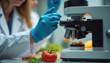 Food scientist in lab coat examines sample with microscope. Researcher studies nutrition, product safety. Expert works on quality control for plant based meat, developing innovative healthy food in