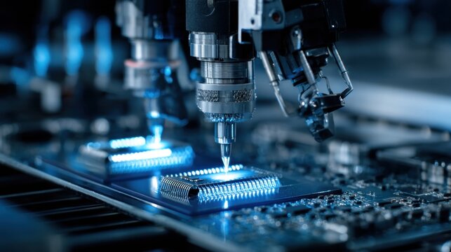 Precision electronics assembly with robotic grippers working on microchips, showcasing advanced technology in a high-tech manufacturing environment - Powered by Adobe