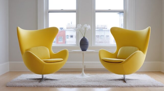 Pair of modern designer chairs in a bright living room with natural daylight, showcasing a stylish and inviting atmosphere for contemporary interiors