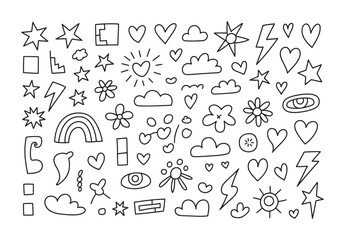 Hand drawn doodles sketch elements stars hearts clouds vector