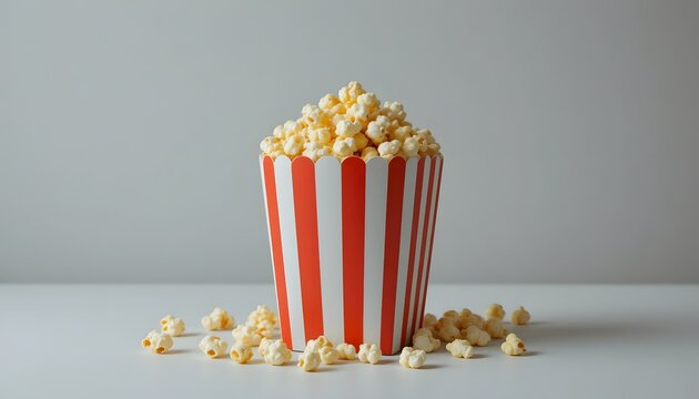 Close-up of a single striped popcorn box with golden popcorn spilling slightly.