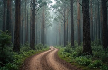 Obraz premium Dirt road winds through eucalyptus forest in Australia. Tall trees create sense of depth, tranquility. Path invites exploration amid nature. Fog adds mystery to wooded landscape atmosphere. Scenic