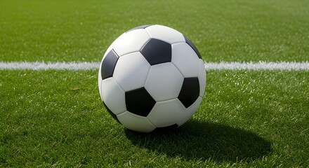 Soccer ball on green grass field close up for sports background