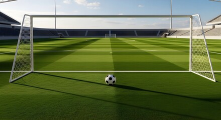 Soccer ball on green field near goal at stadium concept