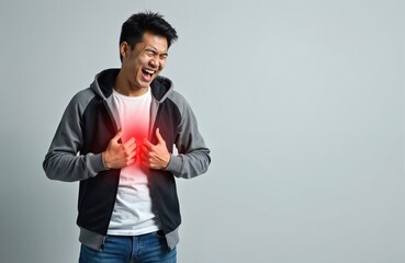 Asian man clutches chest in pain. Red glow highlights sternum discomfort. He grimaces, shouts, indicating heart issue or severe distress. This shows cardiac symptom agony.