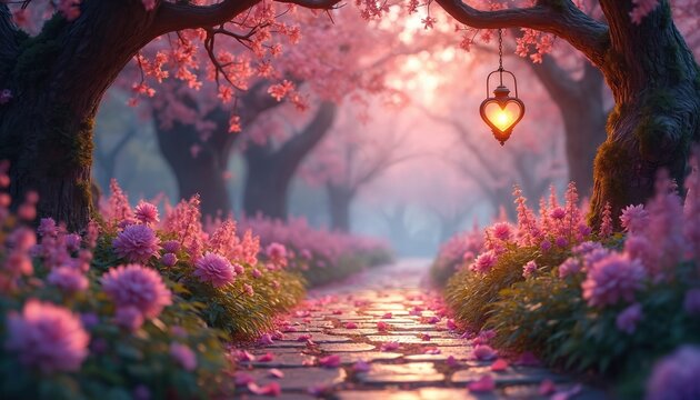 Enchanted path leads through fantasy garden. Pink flowers bloom along stone walkway. Heart shaped lantern hangs from tree. Warm light creates romantic, dreamy atmosphere. Blossoming trees arch
