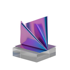 folded iridescent holographic foil, shimmering purple to blue with sharp wrinkles and specular highlights, on clear riser against transparent, high-tech material aesthetics concept