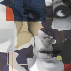 Abstract collage illustration of beautiful woman portrait on various colorful torn paper background. Model looking at camera with seductive look.Grunge, noise effect applied. Retro vintage style