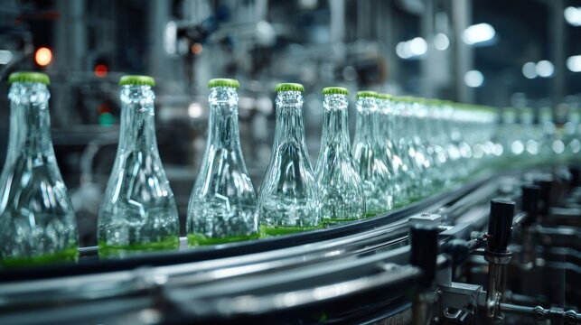 Glass bottles moving on conveyor belt in a bottling plant, showcasing automated production process and industrial efficiency in a modern facility - Powered by Adobe
