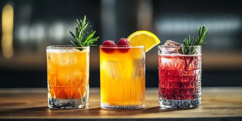A selection of colorful and refreshing cocktails with garnishes lined up on the bar counter.