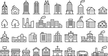 Urban Building Icon Set Featuring Churches, Houses, Schools, Factories, and Storefronts in Line Art Style for Design, Planning, and Education