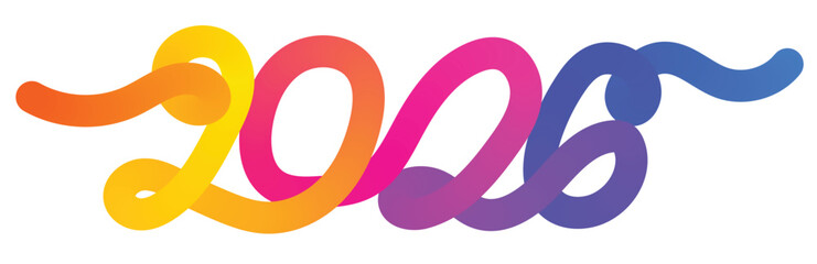 Colorful 2026 text with gradient ribbon effect on transparent background. Gradient Outline Drawing Vector Numbers Design. 2026 New Year Continuous One Line Art.