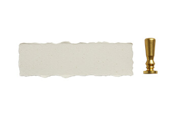 Aged light beige paper strip with torn edges and coarse texture, beside an elegant brass wax seal, on transparent, high-key studio lighting for a clean minimalist aesthetic.