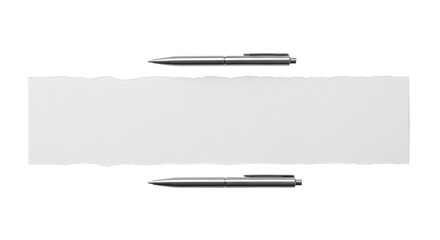 Premium torn white paper with fine grain texture and sleek chrome pen, flat lay on a clean, shadowless transparent studio background, top-down. Concept of minimalist elegance