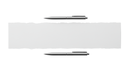 Premium torn white paper with fine grain texture and sleek chrome pen, flat lay on a clean, shadowless transparent studio background, top-down. Concept of minimalist elegance