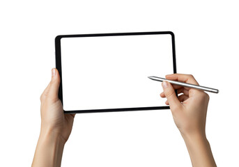 A modern, ultra-thin black tablet, held horizontally by two elegant light-skinned hands, a silver stylus touching its edge, on a solid transparent background. Concept of premium technology product