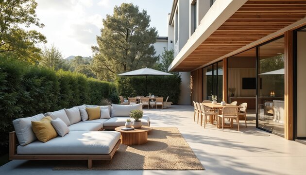 Modern outdoor patio with sectional sofa and coffee table. Pergola shades dining area with table and chairs. House has large windows and sliding glass doors. Trees and plants surround the space.