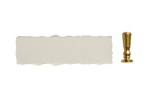 Aged light beige paper strip with torn edges and coarse texture, beside an elegant brass wax seal, on transparent, high-key studio lighting for a clean minimalist aesthetic.