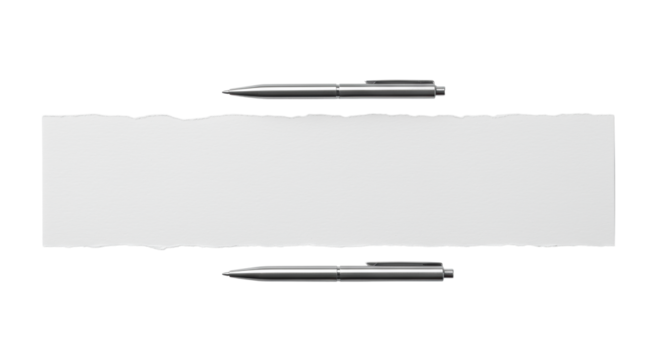 Premium torn white paper with fine grain texture and sleek chrome pen, flat lay on a clean, shadowless transparent studio background, top-down. Concept of minimalist elegance
