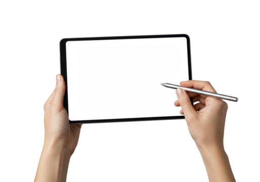 A modern, ultra-thin black tablet, held horizontally by two elegant light-skinned hands, a silver stylus touching its edge, on a solid transparent background. Concept of premium technology product