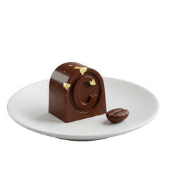 Gourmet dark chocolate bonbon (© shape) with gold leaf and roasted coffee bean on a white ceramic plate, isolated on transparent, commercial product photography, concept of luxury and precision