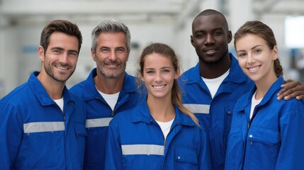 Team of factory workers celebrating successful project completion, showcasing camaraderie and teamwork in blue uniforms with smiles and positive energy