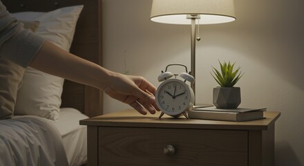 Woman's hand reaches for classic alarm clock on wooden nightstand. Waking up in morning or setting time before bed. Daily routine and sleep concept in cozy bedroom