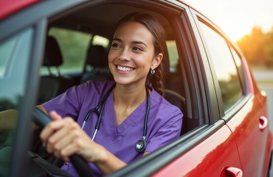 Young woman in purple scrubs drives red car. Stethoscope around neck. Smiles brightly, looking out car window. Happy female healthcare pro commutes, enjoying moment of peace free time outdoors in - Powered by Adobe