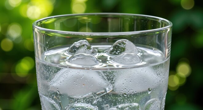 Close-up of refreshing glass of ice water. Cold summer beverage with condensation droplets. Hydration and thirst concept with natural green bokeh background