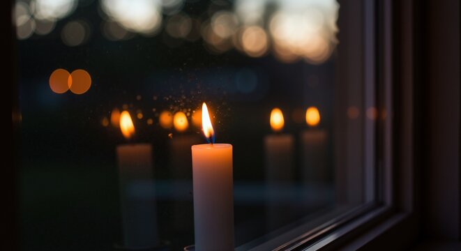 Single burning candle glows by window at night. Close-up of warm flame with reflections and soft bokeh lights in dark background. Hope and remembrance concept
