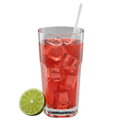 Extreme close-up of a vibrant red beverage in a crystal-clear glass with ice, straw, and lime, on a transparent background with perfect studio lighting, commercial product concept