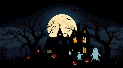 Halloween night scene with spooky house bats and pumpkins in dark autumn setting