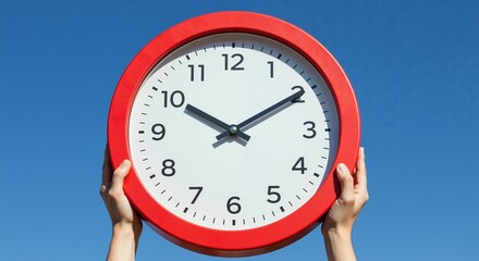Hands holding large red clock against clear blue sky. Time management and deadline concept with copy space