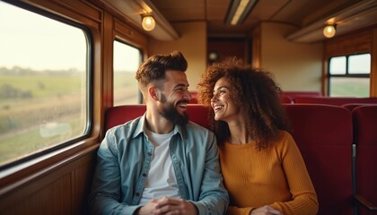 Young couple smiles, gazes at each other inside a train compartment. They travel by rail looking out window at landscape. Romantic journey in comfortable carriage.